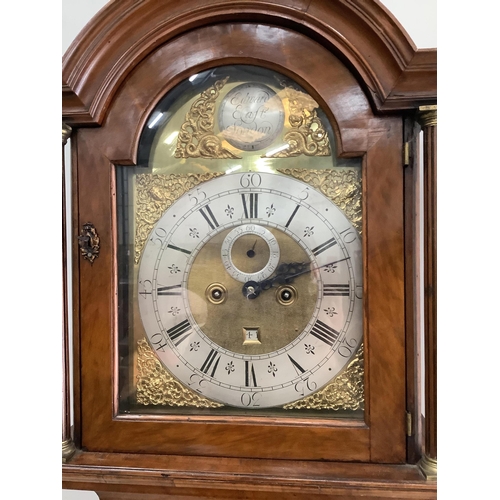 1077 - A George II and later burr walnut eight day longcase clock by Edward Croft, London, height 214cm. Co... 