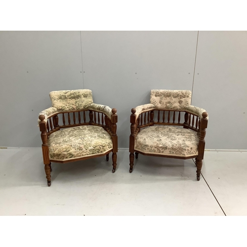 1082 - A pair of Victorian oak salon chairs, width 68cm, depth 62cm, height 72cm. Condition - fair