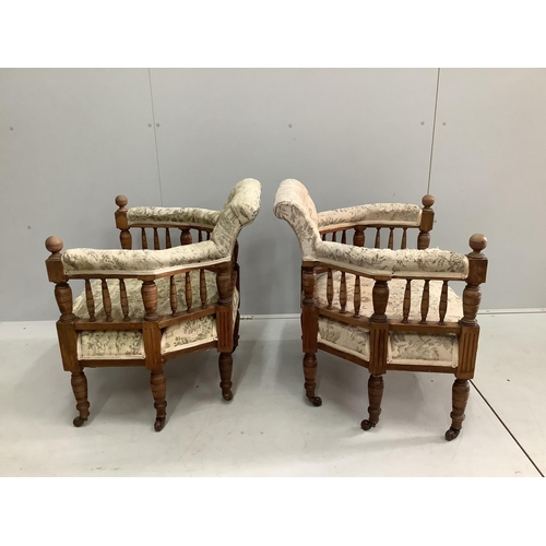 1082 - A pair of Victorian oak salon chairs, width 68cm, depth 62cm, height 72cm. Condition - fair