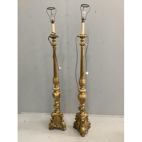 1083 - A pair of 18th century style giltwood standard lamps, height including shades 190cm.  Condition - go... 