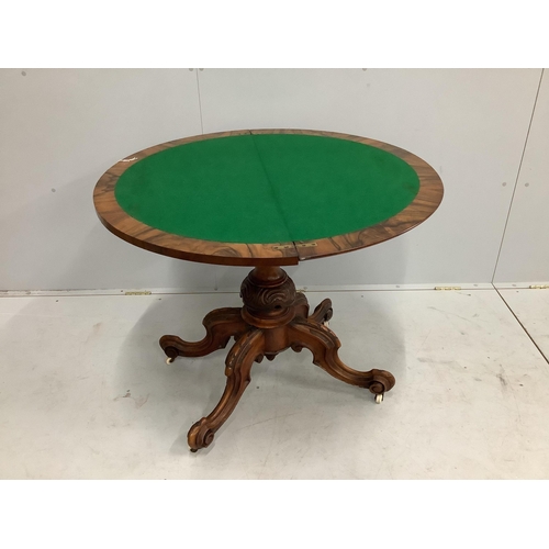 1087 - A Victorian burr walnut D shaped folding card table, width 91cm, depth 45cm, height 75cm.  Condition... 