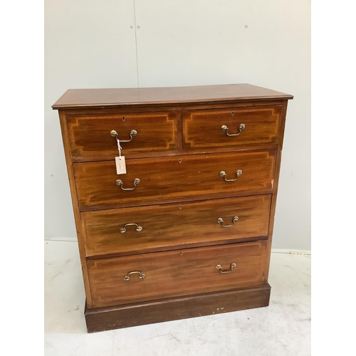 1089 - An Edwardian satinwood banded mahogany chest, width 91cm, depth 47cm, height 106cm.  Condition - fai... 