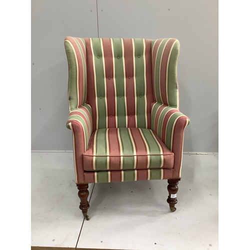 1107 - A Victorian mahogany tub framed buttoned wingback armchair, width 73cm, depth 60cm, height 110cm. Co... 