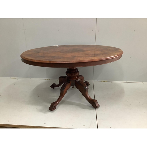 1110 - A Victorian figured walnut oval loo table, width 130cm, depth 100cm, height 70cm. Condition - fair... 