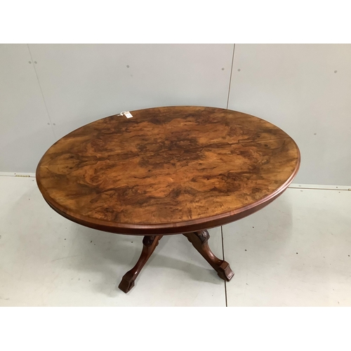 1110 - A Victorian figured walnut oval loo table, width 130cm, depth 100cm, height 70cm. Condition - fair... 