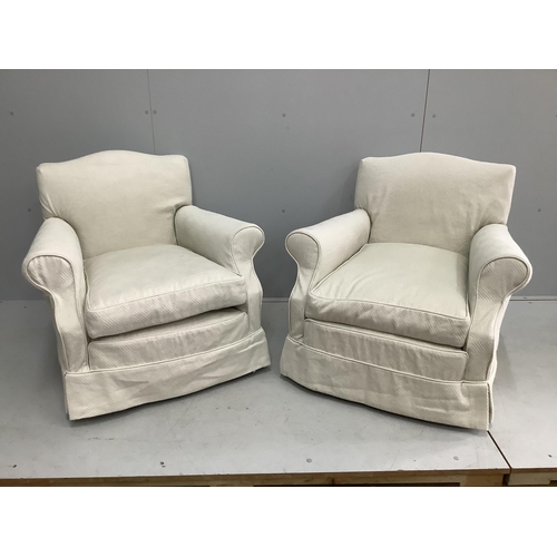 1113 - A pair of Contemporary upholstered armchairs, width 80cm, depth 76cm, height 74cm. Condition - fair... 