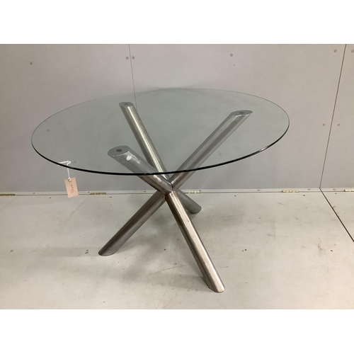 1116 - A mid century circular glass topped table on steel X frame support, diameter 110cm, height 74cm. Con... 