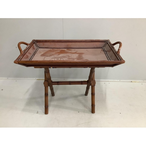 1118 - A caned bamboo butler's tray on folding stand, width 90cm, depth 52cm, height 71cm.  Condition - fai... 