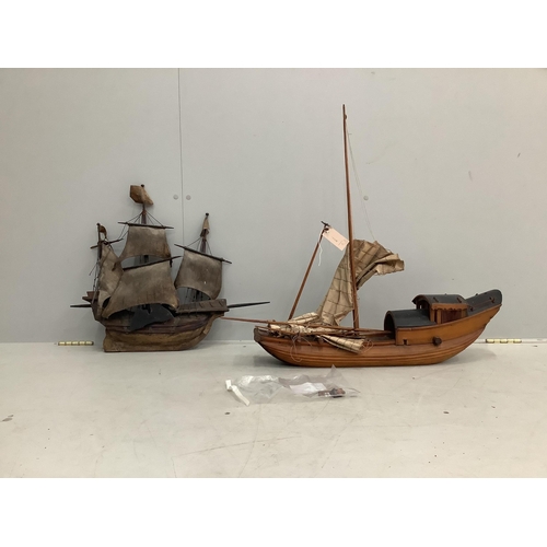 1173 - Two wooden model boats, larger length 67cm. Condition - poor