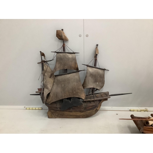 1173 - Two wooden model boats, larger length 67cm. Condition - poor