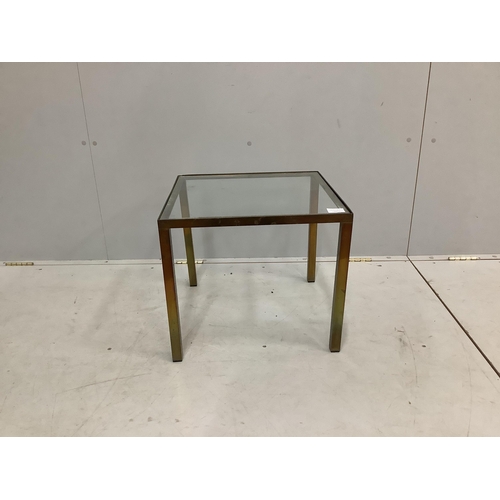 1187 - A mid century brass framed glass topped square occasional table, 46cm, height 40cm.  Condition - fai... 