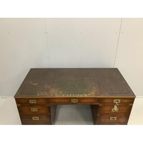 1199 - A mid century brass mounted military style mahogany twin pedestal desk, width 153cm, depth 77cm, hei... 