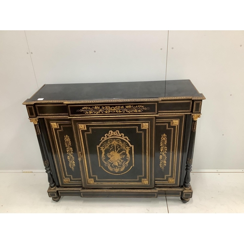 1218 - A Louis XV1 style ebonised and cut brass side cabinet, width 132cm, depth 41cm, height 108cm. Condit... 