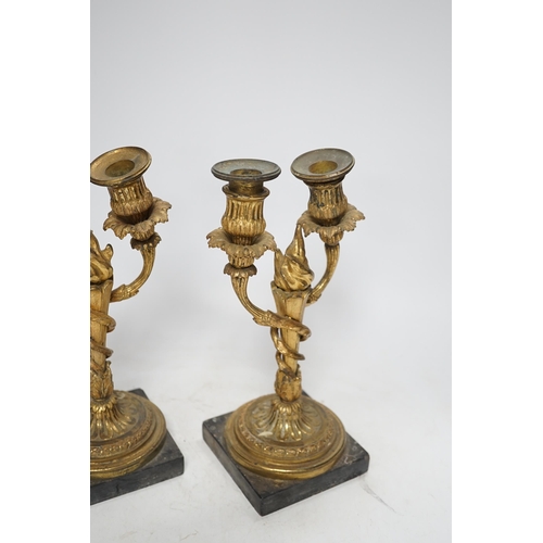 1251 - A pair of 19th century Louis XVI style gilt metal twin branch candelabra, 27cm. Condition - poor to ... 