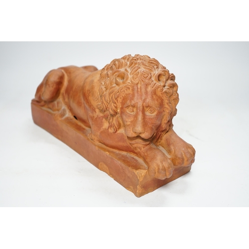 1252 - After Antonio Canova (1757-1822), a terracotta figure of a recumbent lion, 33cm. Condition - poor to... 