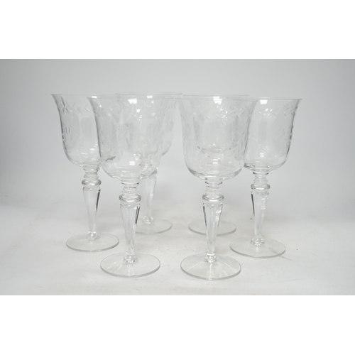 1253 - A set of six etched wine glasses, 20.5cm. Condition - good