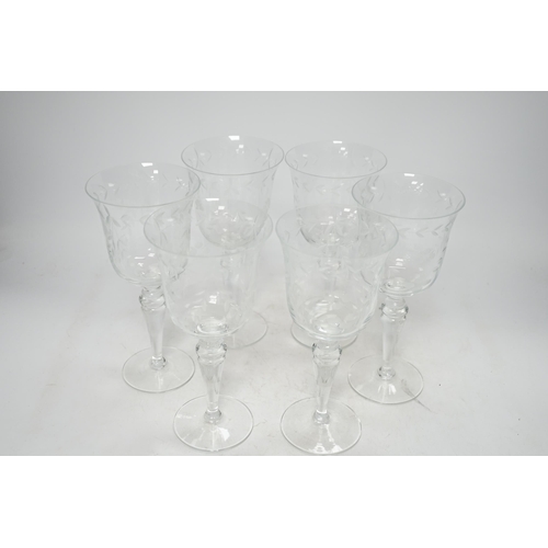 1253 - A set of six etched wine glasses, 20.5cm. Condition - good