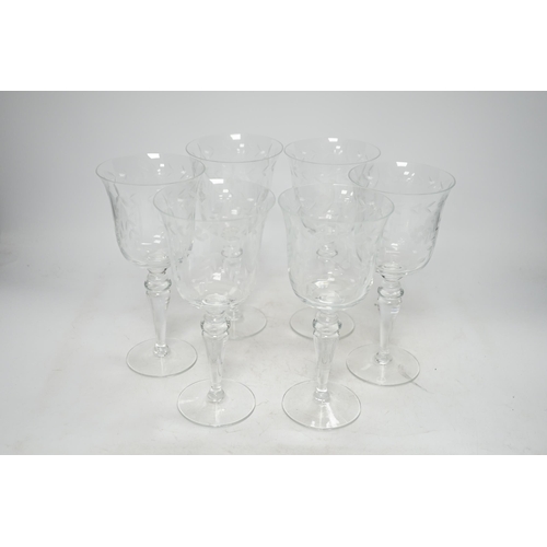 1253 - A set of six etched wine glasses, 20.5cm. Condition - good