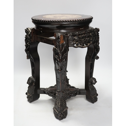 1270 - A Chinese hongmu stand, with inset marble top, 42cm high. Condition - poor to fair, section of friez... 