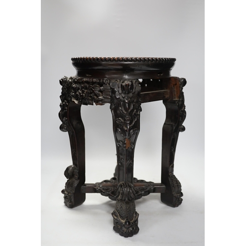 1270 - A Chinese hongmu stand, with inset marble top, 42cm high. Condition - poor to fair, section of friez... 