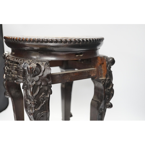 1270 - A Chinese hongmu stand, with inset marble top, 42cm high. Condition - poor to fair, section of friez... 