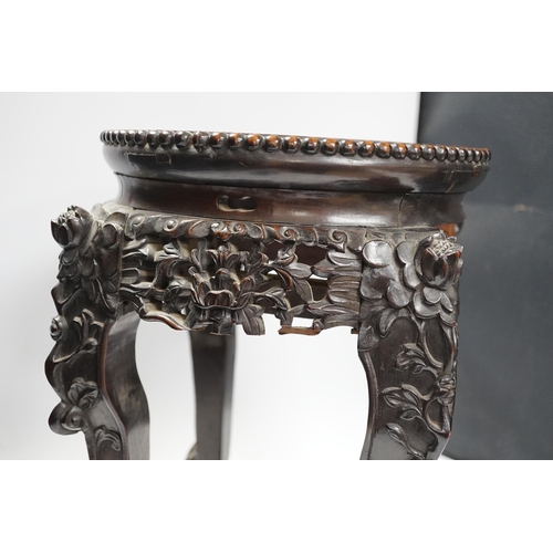 1270 - A Chinese hongmu stand, with inset marble top, 42cm high. Condition - poor to fair, section of friez... 