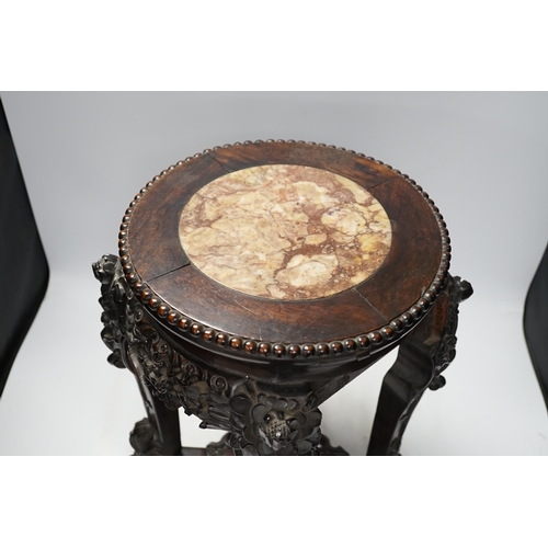 1270 - A Chinese hongmu stand, with inset marble top, 42cm high. Condition - poor to fair, section of friez... 