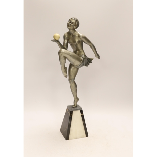 1271 - An Art Deco spelter and marble model of a dancing lady with ball, 44cm. Condition - good