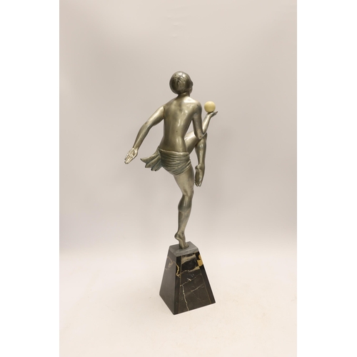 1271 - An Art Deco spelter and marble model of a dancing lady with ball, 44cm. Condition - good