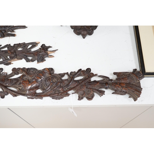 1275 - A carved walnut frieze and section with floral decoration, 131cm long. Condition -  poor to fair, br... 