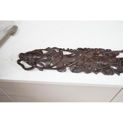 1275 - A carved walnut frieze and section with floral decoration, 131cm long. Condition -  poor to fair, br... 