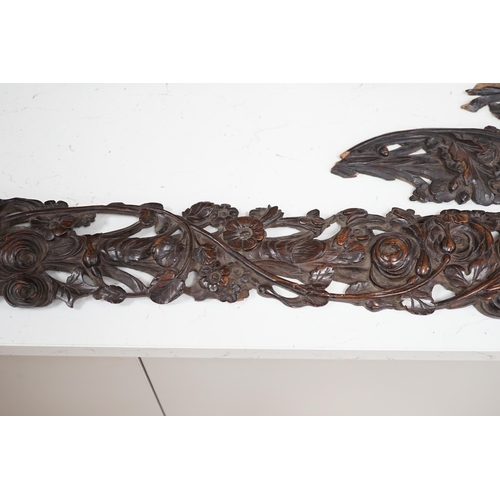 1275 - A carved walnut frieze and section with floral decoration, 131cm long. Condition -  poor to fair, br... 