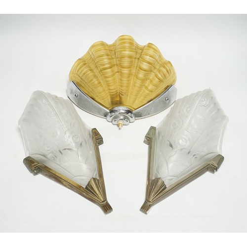 1278 - An Art Deco clam shell wall light and a pair of Art Deco wall lights, 30cm high (3). Condition - fai... 