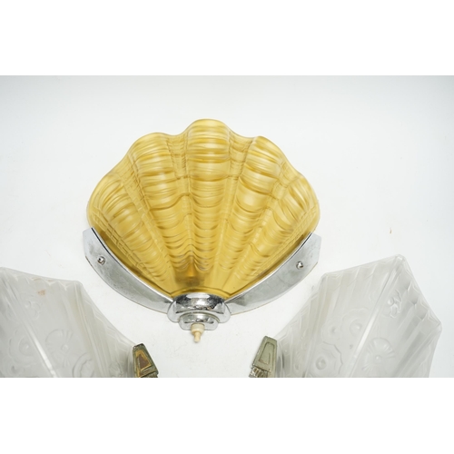 1278 - An Art Deco clam shell wall light and a pair of Art Deco wall lights, 30cm high (3). Condition - fai... 