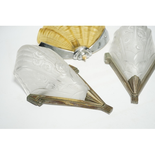 1278 - An Art Deco clam shell wall light and a pair of Art Deco wall lights, 30cm high (3). Condition - fai... 