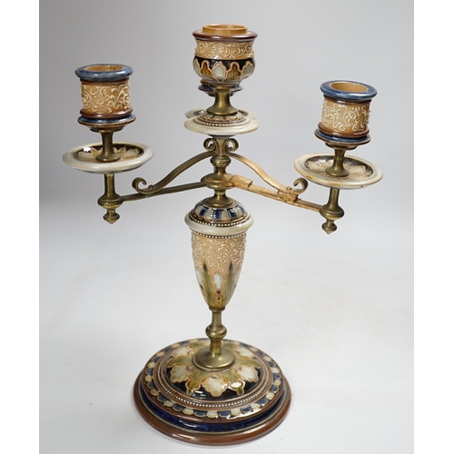 1280 - A Royal Doulton three branch four light candelabra, Eliza Simmance, 33cm high, Condition - poor to f... 