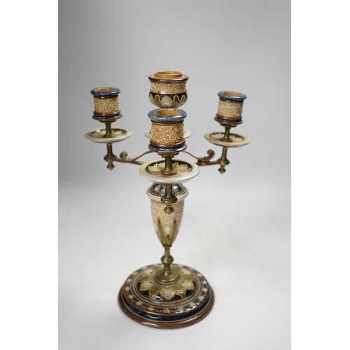 1280 - A Royal Doulton three branch four light candelabra, Eliza Simmance, 33cm high, Condition - poor to f... 