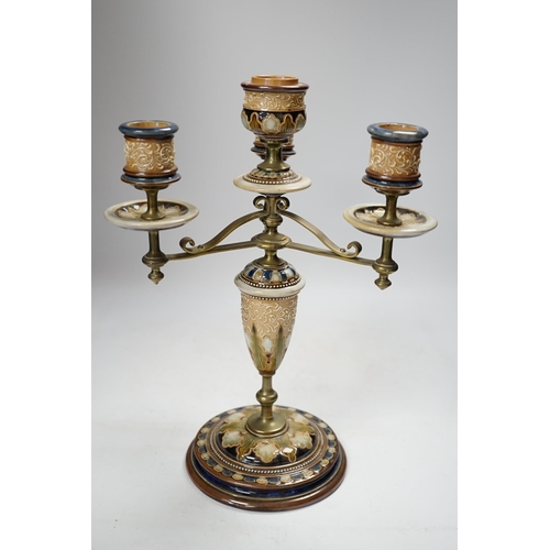 1280 - A Royal Doulton three branch four light candelabra, Eliza Simmance, 33cm high, Condition - poor to f... 