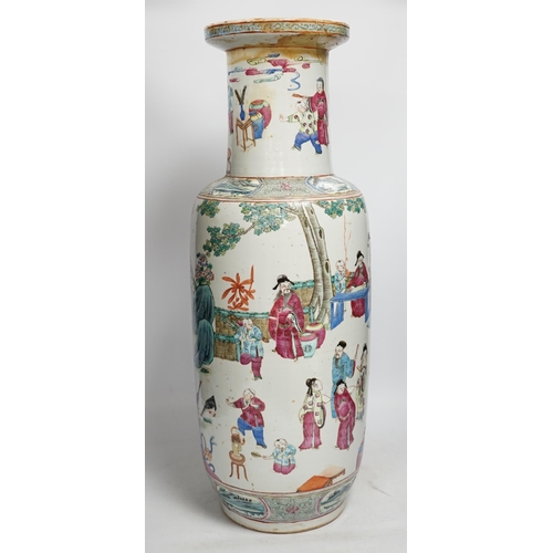 1285 - A large 19th century Chinese famille rose rouleau vase, 64cm. Condition - rim and neck have discolou... 