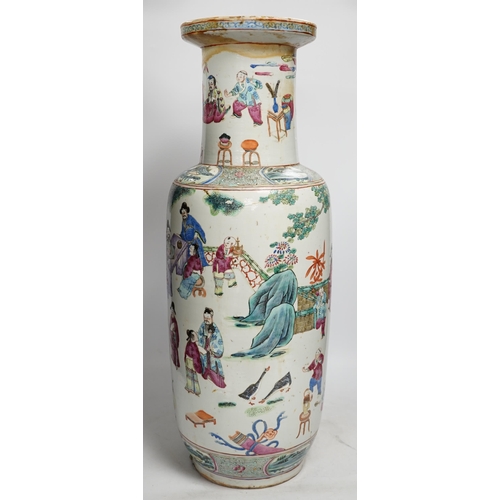 1285 - A large 19th century Chinese famille rose rouleau vase, 64cm. Condition - rim and neck have discolou... 