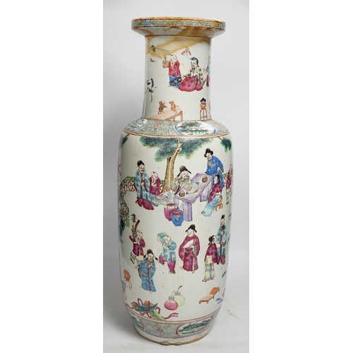 1285 - A large 19th century Chinese famille rose rouleau vase, 64cm. Condition - rim and neck have discolou... 