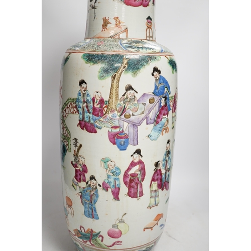 1285 - A large 19th century Chinese famille rose rouleau vase, 64cm. Condition - rim and neck have discolou... 