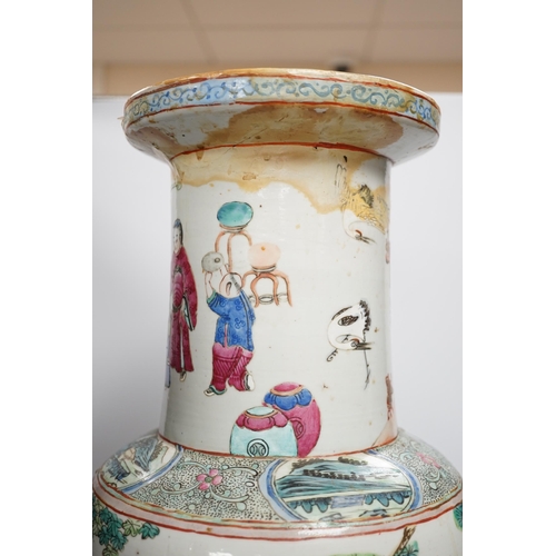 1285 - A large 19th century Chinese famille rose rouleau vase, 64cm. Condition - rim and neck have discolou... 