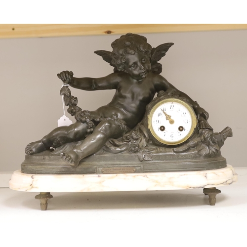 1289 - After Francois Hippolyte Moreau (French, 1832-1926), a late 19th century bronze cherubic mantel cloc... 