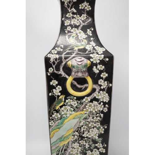 1290 - A large Chinese famille noire rectangular baluster vase, 63.5cm. Condition - fair, cracked