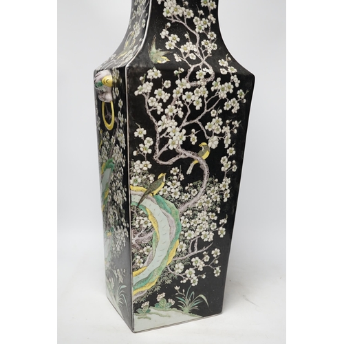 1290 - A large Chinese famille noire rectangular baluster vase, 63.5cm. Condition - fair, cracked