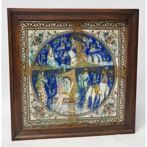 1291 - A large framed Persian fritware tile, Qajar dynasty, frame 36cm sq. Condition - heavily restored... 