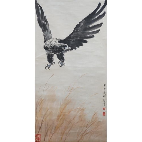 1294 - A Chinese scroll painting of a falcon, 163cm long. Condition - good