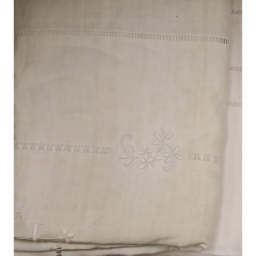 1303 - A French provincial crochet edged and monogrammed sheet, a lace inserted and monogrammed sheet, two ... 