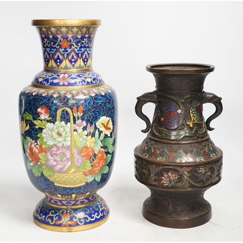 1310 - A Japanese bronze and champlevé enamel vase and a Chinese cloisonné enamel vase, Champlevé vase 24cm... 